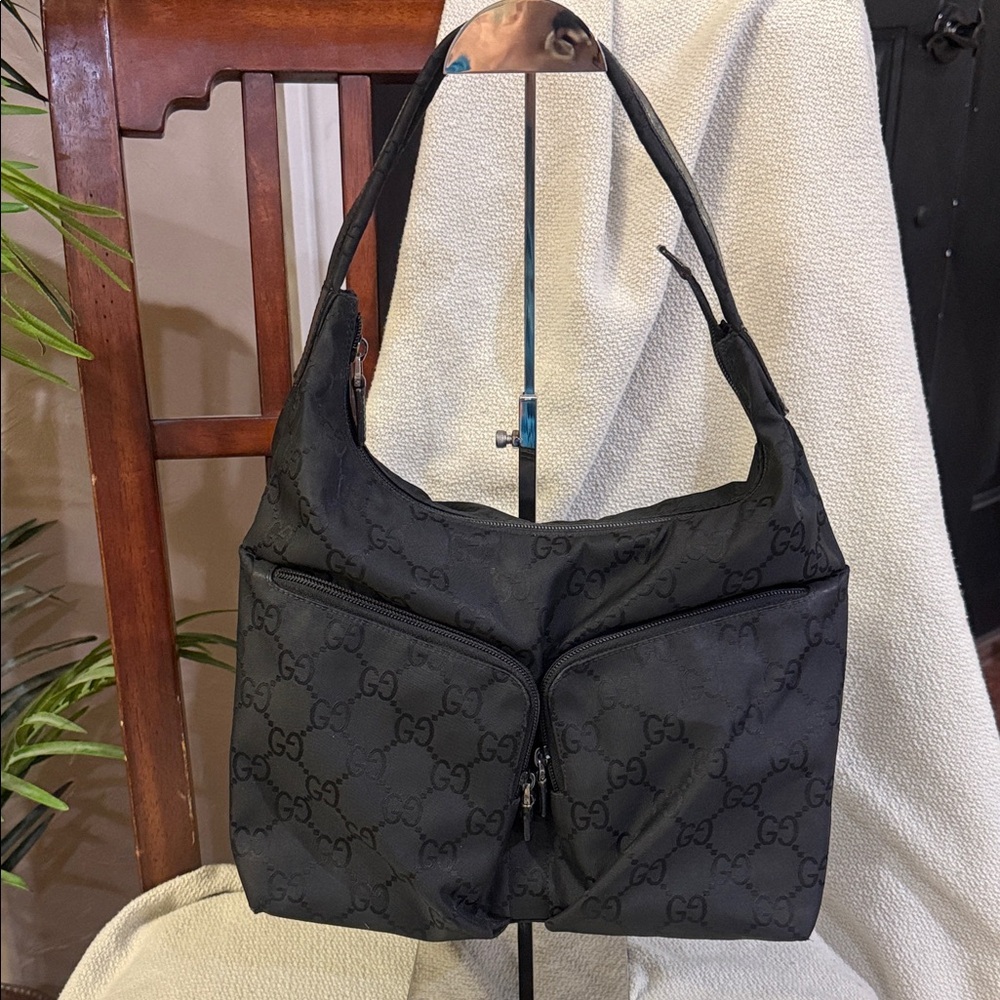 Authentic Gucci Black Monogram Nylon Double Front Pocket Hobo Bag with COA